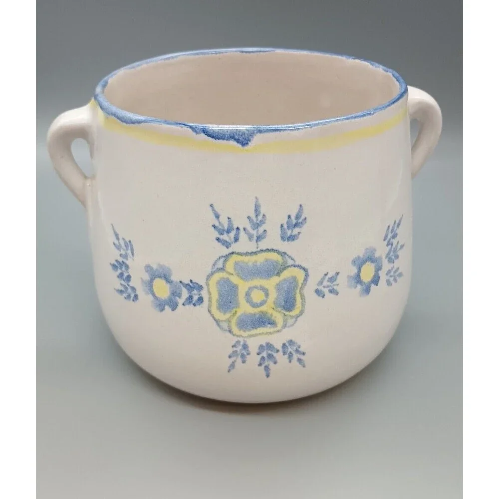 Vintage AMNION Clay Pottery Handpainted ALGARVE Blue Yellow CROCK w Two Handles